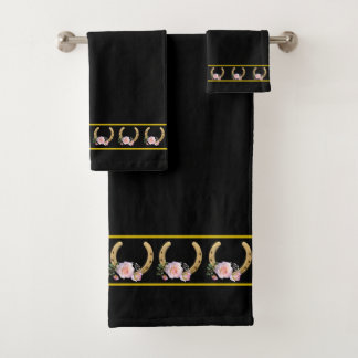 Elegant, Stylish Golden Horseshoes on Black  Bath Towel Set
