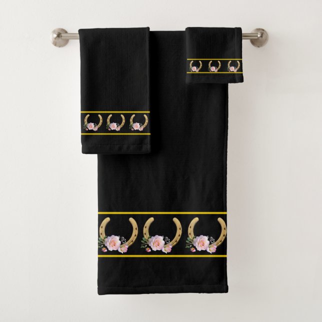 Elegant, Stylish Golden Horseshoes on Black  Bath Towel Set (Insitu)