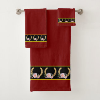 Elegant, Stylish Golden Horseshoes on Maroon Bath Towel Set
