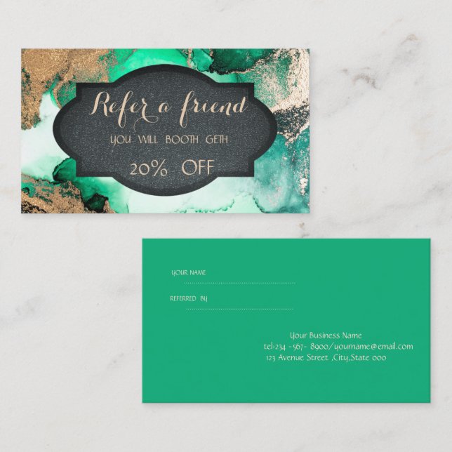 Elegant Stylish Green Gold Marble Referral Card (Front/Back)