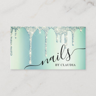Elegant stylish green mint glitter drips nails business card
