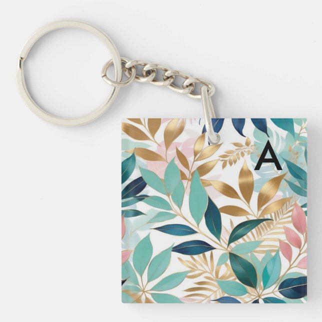 Elegant Stylish Leaves Leaf Pattern Monogrammed Key Ring (Front)