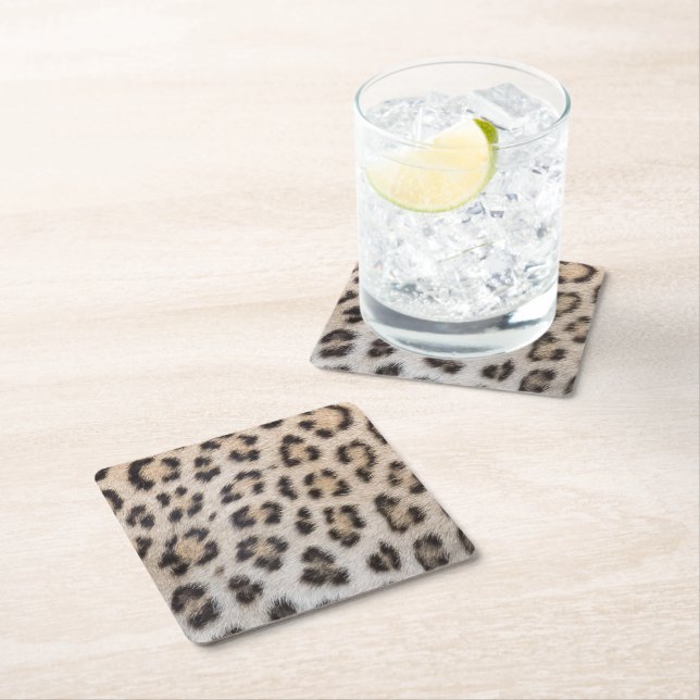 Elegant stylish leopard cheetah fur print pattern square paper coaster (Insitu)
