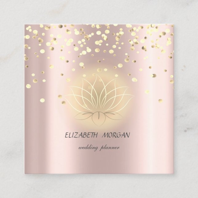 Elegant Stylish Lotus,Confetti Rose Gold Square Business Card (Front)