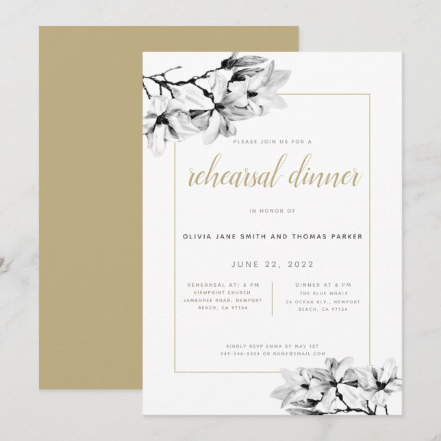 Elegant Stylish Magnolias Gold Rehearsal Dinner Invitation (Front/Back)