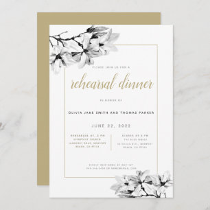 Elegant Stylish Magnolias Gold Rehearsal Dinner Invitation