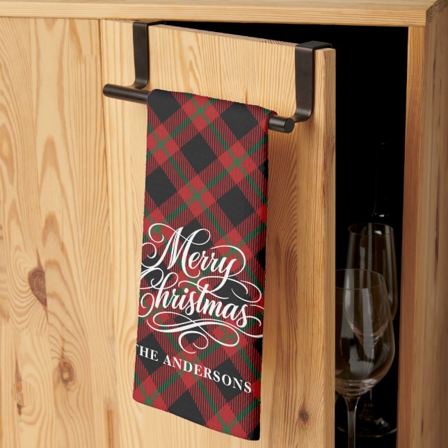 Elegant Stylish Merry Christmas Script Plaid Tea Towel (Thirds Fold)