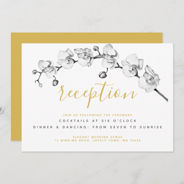 Elegant Stylish Modern Chic Floral Gold Reception Invitation (Front/Back)