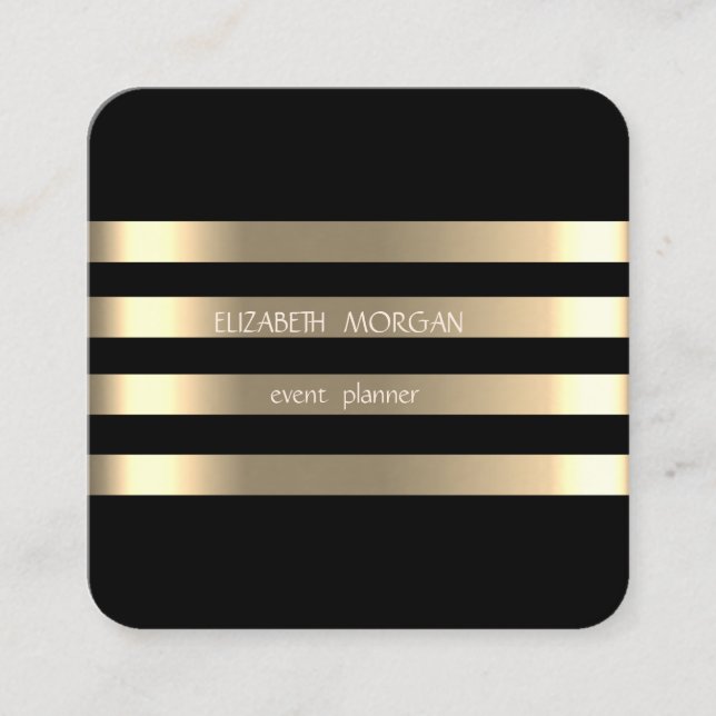 Elegant Stylish Modern  Faux Gold Striped,Black Square Business Card (Front)