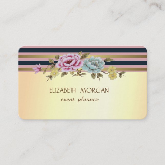 Elegant Stylish Modern  Faux Gold Striped,Flowers Business Card (Front)