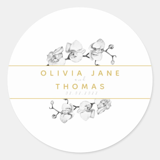 Elegant Stylish Modern Floral Gold Orchid Wedding Classic Round Sticker (Front)