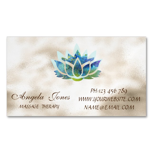 Elegant Stylish Modern Gold,Blue Lotus Flower  Magnetic Business Card (Front)