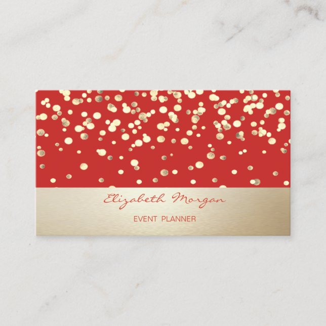 Elegant Stylish , Modern, Gold Confetti,Red Business Card (Front)