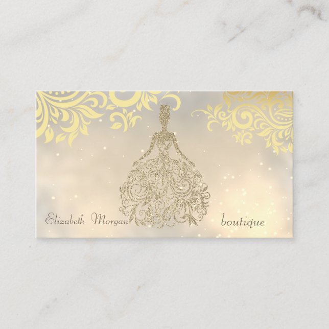 Elegant Stylish Modern Gold Flowers, Glitter Dress Business Card (Front)