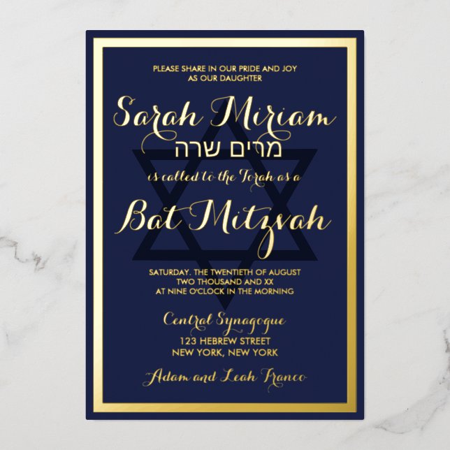 Elegant Stylish Modern Navy Blue Bat Mitzvah Gold (Front)