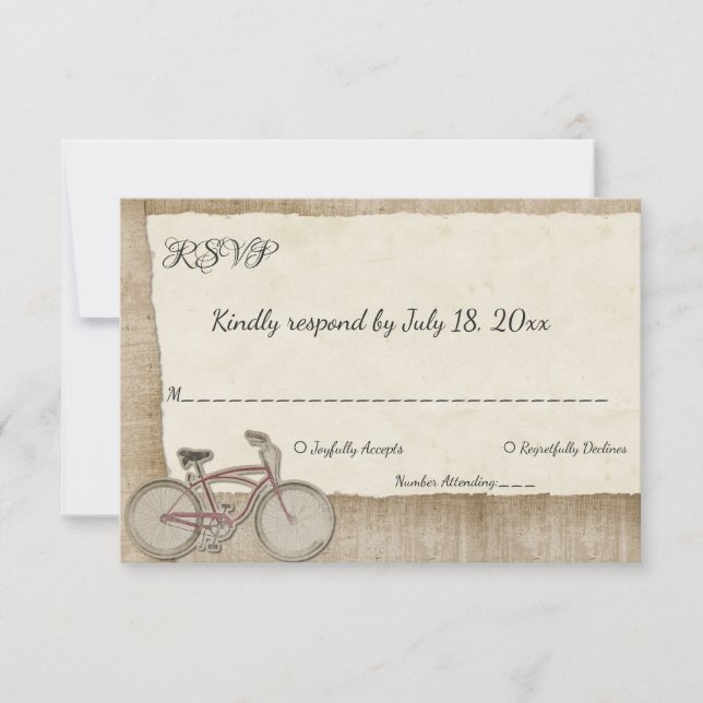 Elegant Stylish Modern Rustic Wood Cyclist Wedding RSVP Card (Front)