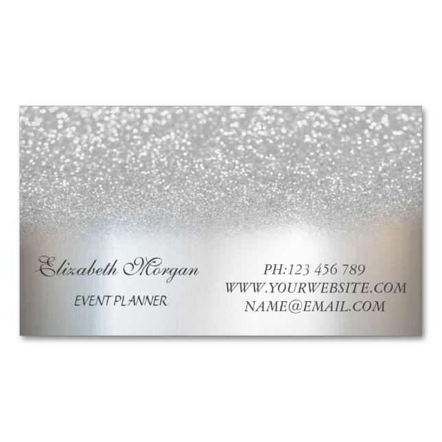 Elegant Stylish Modern Silver Glitter Magnetic Business Card (Front)