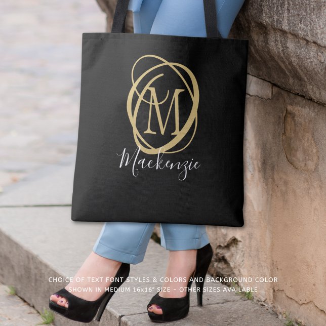 Elegant Stylish Monogram Script Name Black Gold Tote Bag (Creator Uploaded)