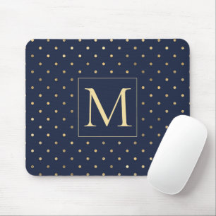 Elegant Stylish Navy Blue Gold Polka Dots Monogram Mouse Mat