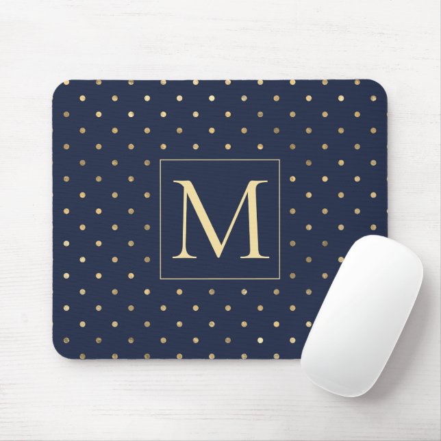 Elegant Stylish Navy Blue Gold Polka Dots Monogram Mouse Mat (With Mouse)