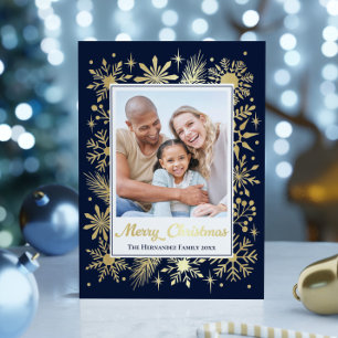 Elegant Stylish Navy Snowflake Family Photo Foil Holiday Card