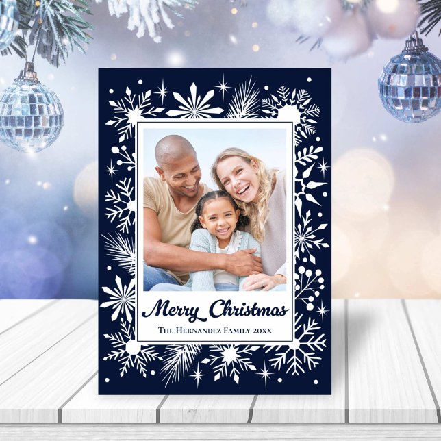 Elegant Stylish Navy Snowflake Family Photo Holiday Card (Elegant Stylish Navy Snowflake Family Photo Holiday Card)