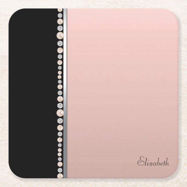 Elegant Stylish Pearls Black Pink Square Paper Coaster (Front)