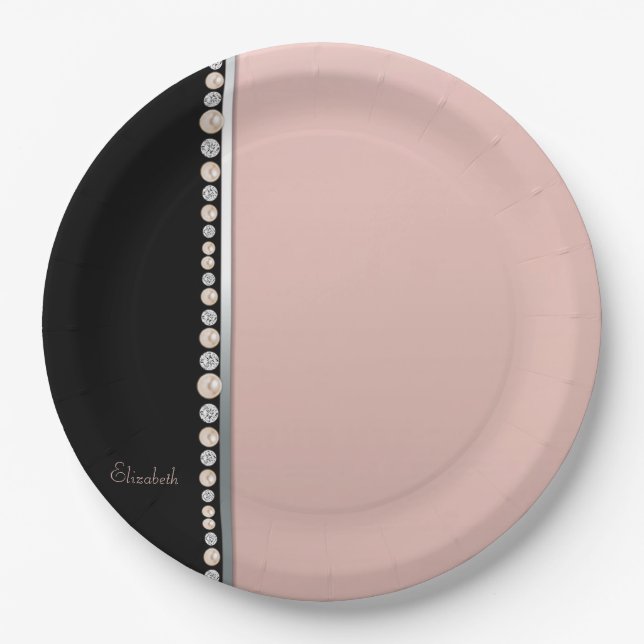 Elegant Stylish Pearls Diamonds Black Pink Paper Plate (Front)