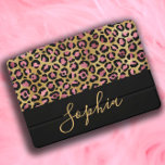 Elegant Stylish Pink Black Gold Leopard Name   iPad Pro Cover<br><div class="desc">Elegant and stylish pink,  gold,  and black leopard print iPad Pro cover personalised with your name in a modern script font.</div>