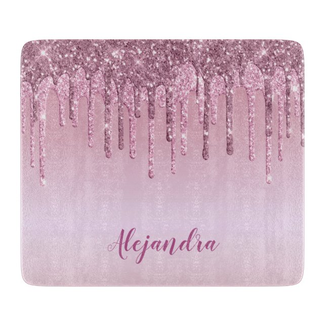 Elegant stylish pink rose gold glitter drips cutting board (Front)