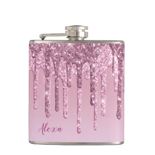 Elegant stylish pink rose gold glitter drips hip flask