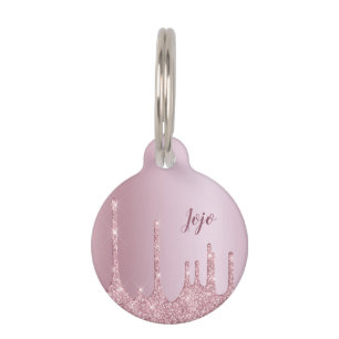 Elegant stylish pink rose gold glitter drips pet tag