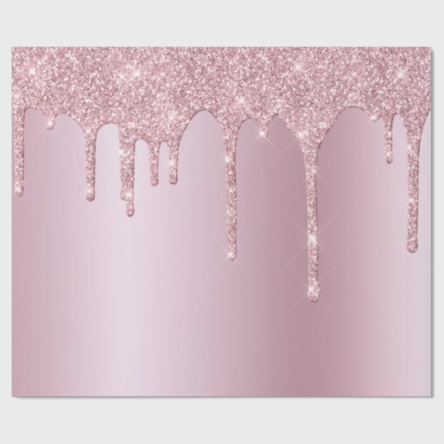 Elegant stylish pink rose gold glitter drips wrapping paper (Flat)