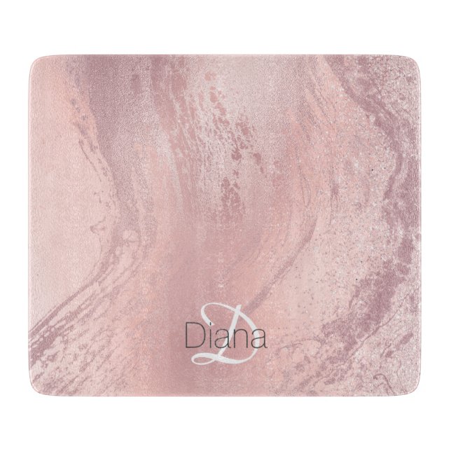 Elegant stylish pink rose gold glitter marble cutting board (Front)