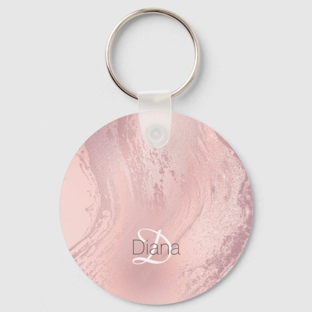 Elegant stylish pink rose gold glitter marble key ring (Front)