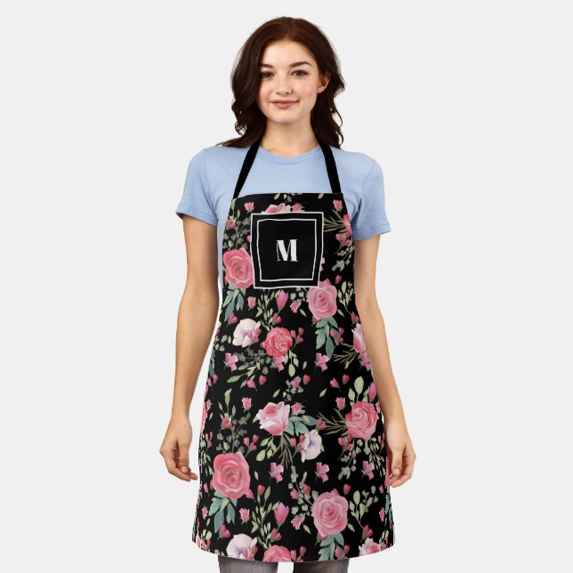 Elegant Stylish Pink Roses Black Monogram Apron (Worn)