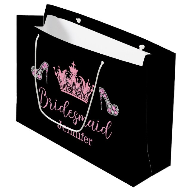 elegant stylish pink script bridesmaid black large gift bag (Front Angled)