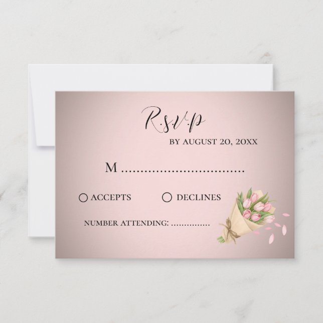 Elegant stylish Pink Tulips Bouquet Wedding RSVP Card (Front)