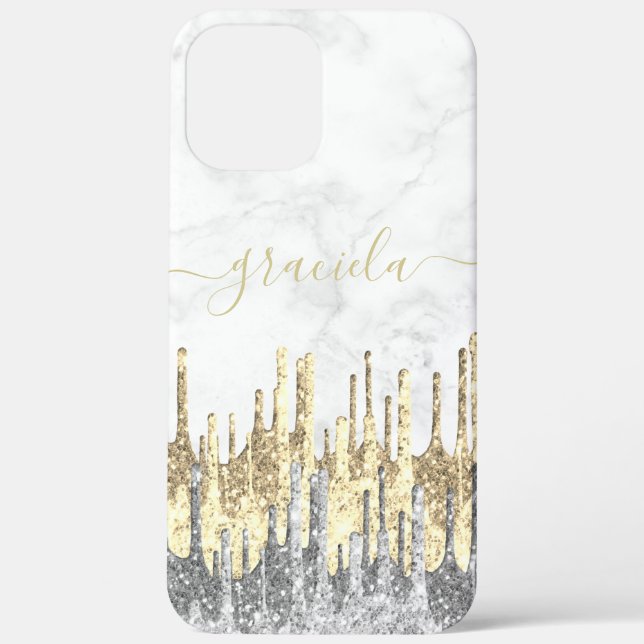 Elegant stylish pretty glitter drips white marble Case-Mate iPhone case (Back)