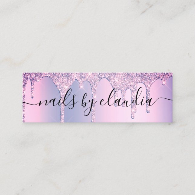 Elegant stylish purple glitter drips nails mini business card (Front)