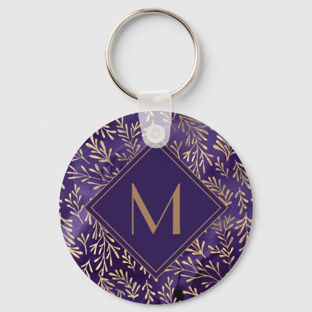 Elegant Stylish Purple Gold Leaves Monogram Key Ring (Front)