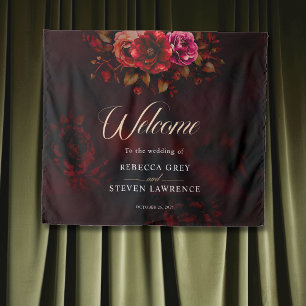 Elegant stylish red black floral wedding welcome  tapestry