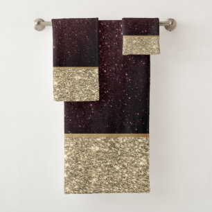 Elegant Stylish Red Gold Glitter Burgundy Bath Towel Set