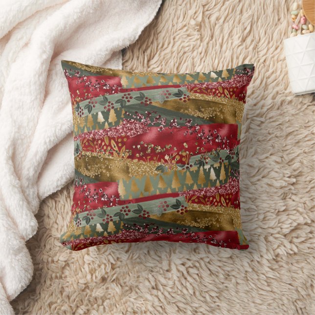 Elegant Stylish Red Green Glittery Gold Christmas Cushion (Blanket)