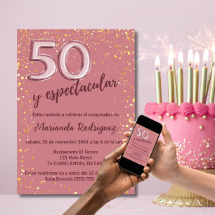 Elegant Stylish Rose Gold 50th Birthday Spanish Invitation