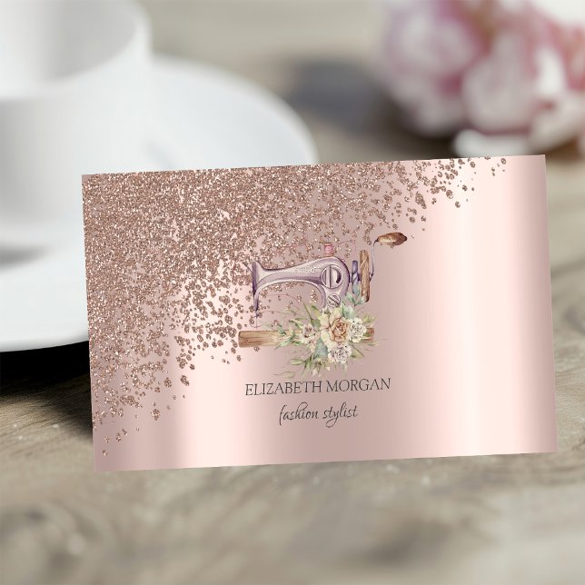 Elegant Stylish Rose Gold Diamonds Sewing Machine Business Card (Creator Uploaded)