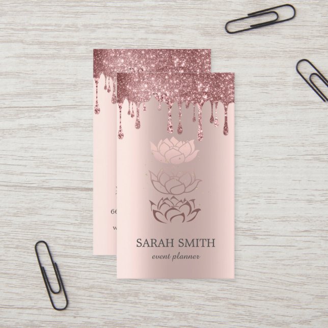  Elegant Stylish Rose Gold Drips Lotus  Business Card (Front/Back In Situ)