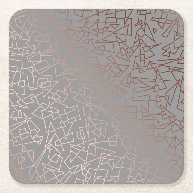 Elegant stylish rose gold geometric pattern grey square paper coaster (Front)