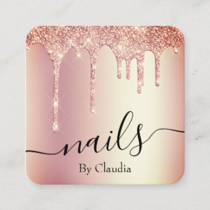 Elegant stylish rose gold glitter drips nails square business card