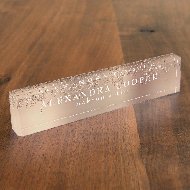 Elegant stylish rose gold glitter makeup artist  nameplate (Side)